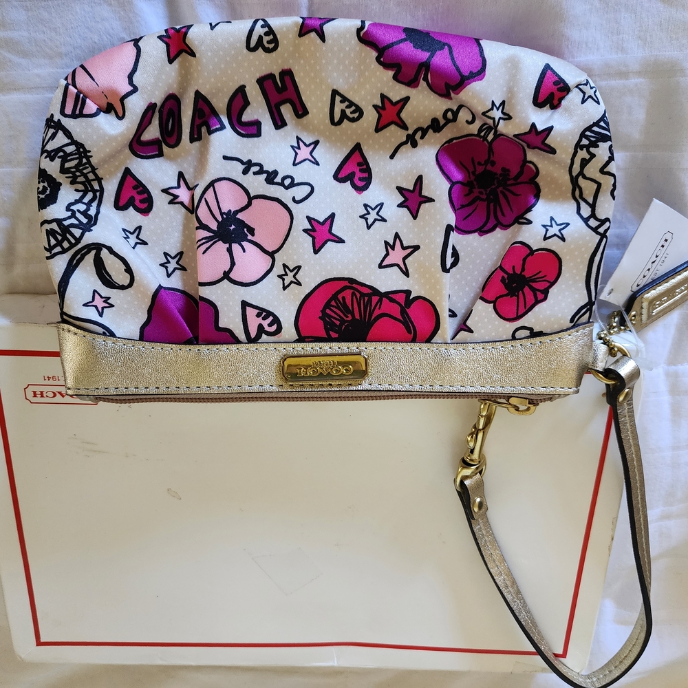 Coach Pink and Purple Floral Wristlet with Gold Trim